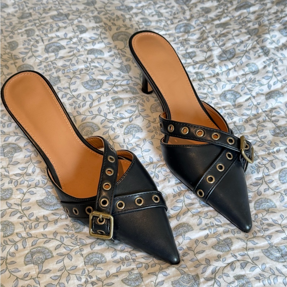 Women’s Black Pointed Mule Heels with Buckle and Eyelet Detailing